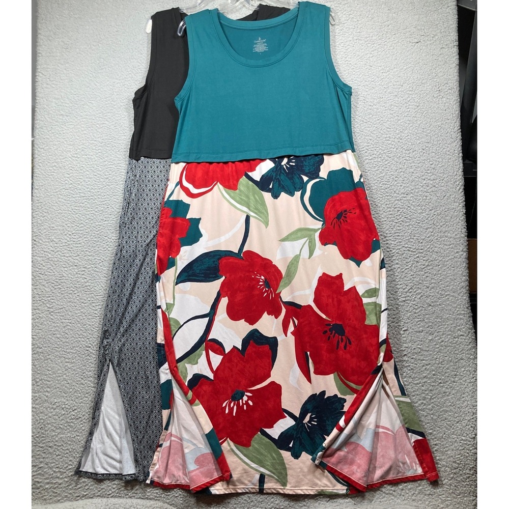 Cuddl Duds Flexwear Maxi Dress Women L Teal Floral Black Geometric 2 Pack Pocket